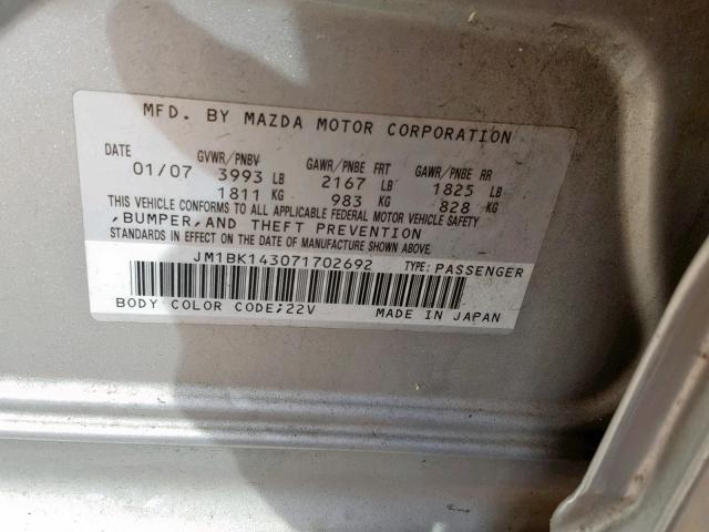 JM1BK143071702692 - 2007 MAZDA 3 HATCHBAC SILVER photo 10