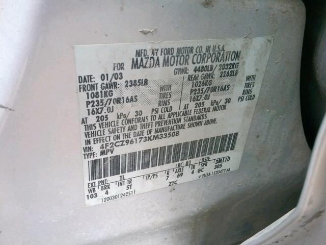 4F2CZ96173KM33508 - 2003 MAZDA TRIBUTE ES 银色 照片 10