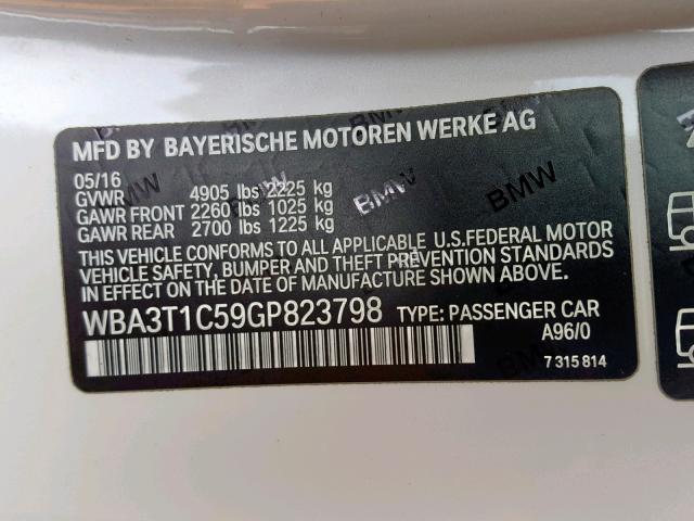 WBA3T1C59GP823798 - 2016 BMW 428 XI SUL WHITE photo 10