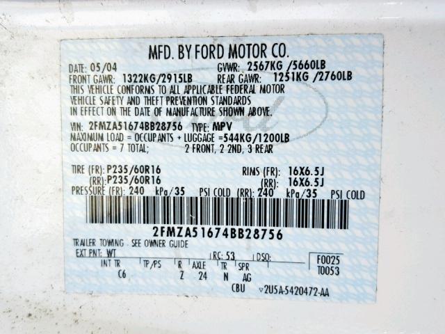 2FMZA51674BB28756 - 2004 FORD FREESTAR S WHITE photo 10