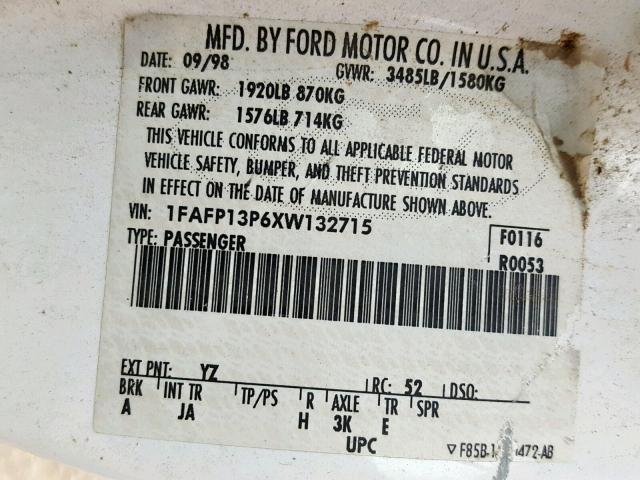 1FAFP13P6XW132715 - 1999 FORD ESCORT SE WHITE photo 10