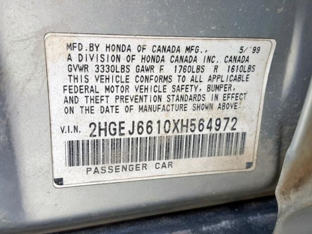 2HGEJ6610XH564972 - 1999 HONDA CIVIC BASE SILVER photo 10