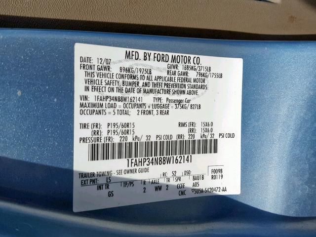 1FAHP34N88W162141 - 2008 FORD FOCUS S/SE BLUE photo 10