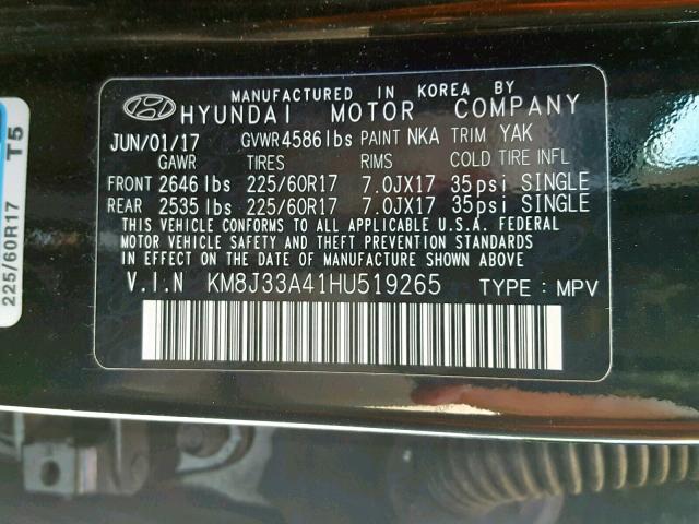 KM8J33A41HU519265 - 2017 HYUNDAI TUCSON LIM BLACK photo 10