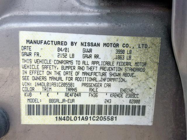 1N4DL01A91C205581 - 2001 NISSAN ALTIMA GXE SILVER photo 10