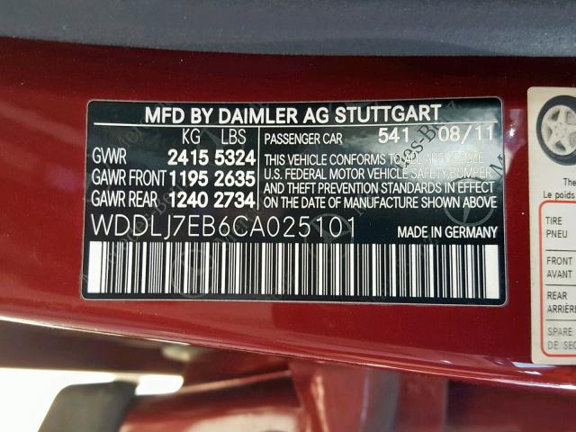 WDDLJ7EB6CA025101 - 2012 MERCEDES-BENZ CLS 63 AMG BURGUNDY photo 10