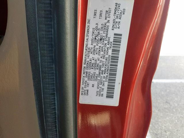 5TENL42N04Z393209 - 2004 TOYOTA TACOMA RED photo 10