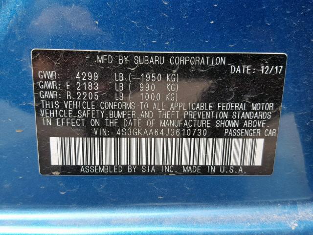 4S3GKAA64J3610730 - 2018 SUBARU IMPREZA BLUE photo 10