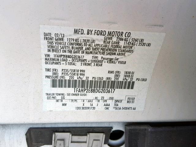 1FAHP2E88DG203617 - 2013 FORD TAURUS SEL WHITE photo 10