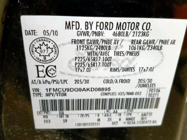 1FMCU9DG9AKD08895 - 2010 FORD ESCAPE XLT BLACK photo 10