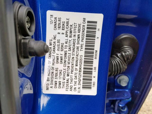 2HGFC2F89KH520515 - 2019 HONDA CIVIC SPOR BLUE photo 10