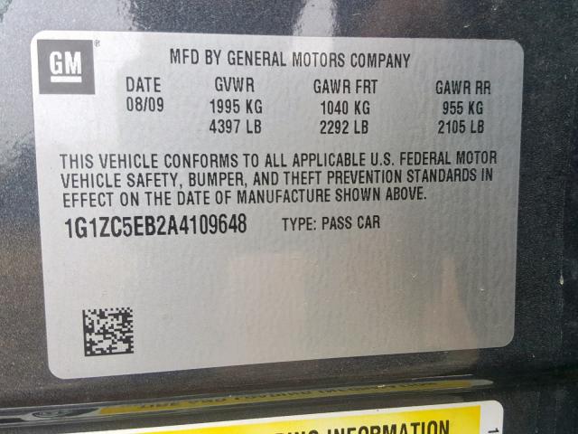 1G1ZC5EB2A4109648 - 2010 CHEVROLET MALIBU 1LT 灰色 照片 10