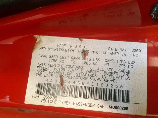 4A3AC44G0YE162250 - 2000 MITSUBISHI ECLIPSE GS RED photo 10