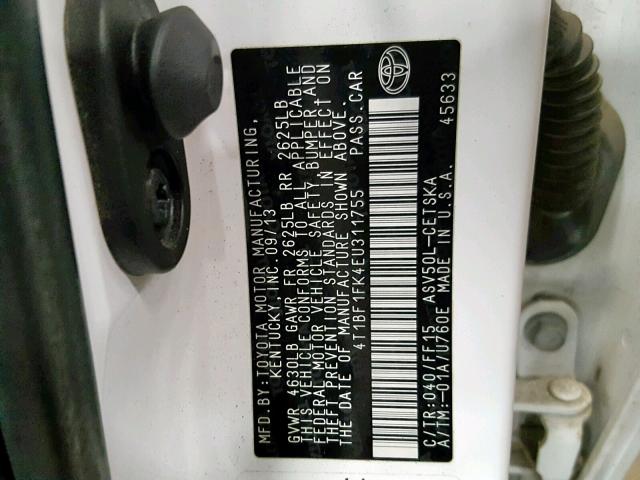 4T1BF1FK4EU311755 - 2014 TOYOTA CAMRY L 白色 照片 10