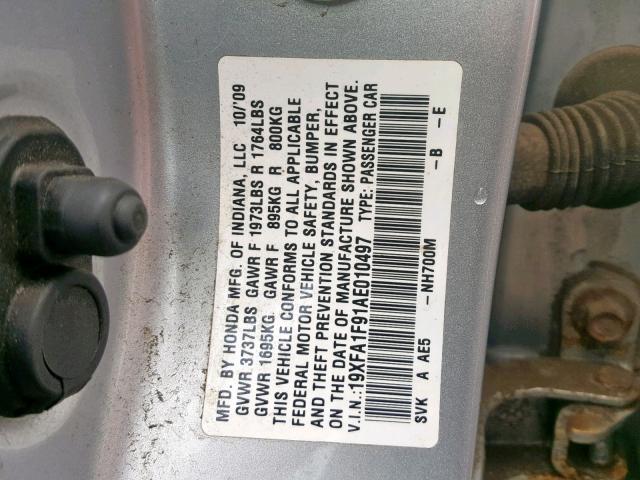 19XFA1F91AE010497 - 2010 HONDA CIVIC EXL SILVER photo 10