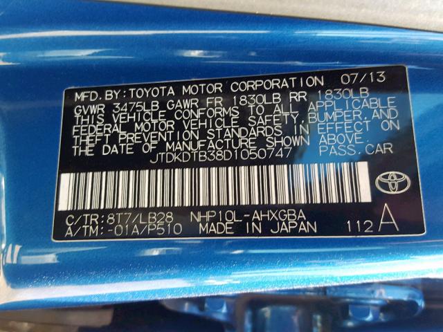 JTDKDTB38D1050747 - 2013 TOYOTA PRIUS C BLUE photo 10