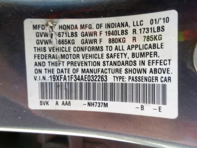 19XFA1F34AE032263 - 2010 HONDA CIVIC VP  photo 10