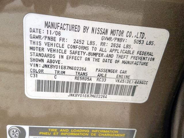 JNKBY01E87M402264 - 2007 INFINITI M45 BASE TAN photo 10