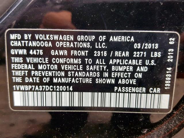 1VWBP7A37DC120014 - 2013 VOLKSWAGEN PASSAT SE BLACK photo 10