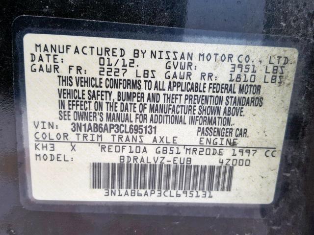 3N1AB6AP3CL695131 - 2012 NISSAN SENTRA 2.0 BLACK photo 10