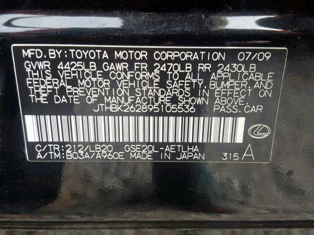 JTHBK262895105536 - 2009 LEXUS IS 250 BLACK photo 10