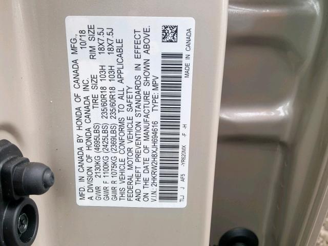 2HKRW2H8XJH694616 - 2018 HONDA CR-V EXL TAN photo 10