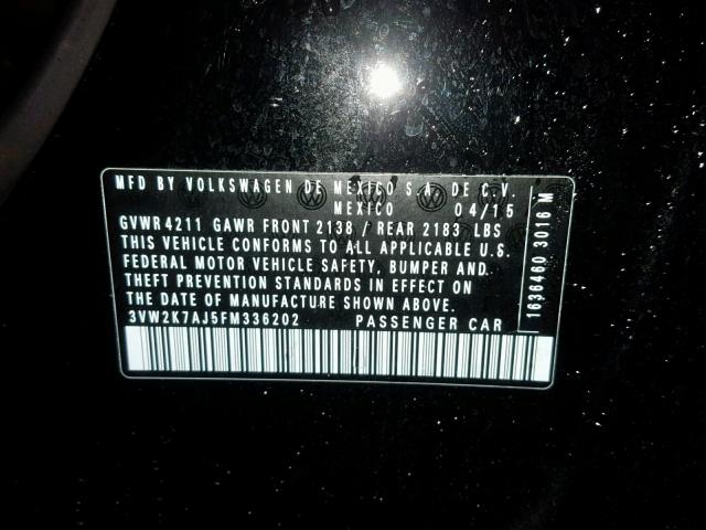 3VW2K7AJ5FM336202 - 2015 VOLKSWAGEN JETTA BASE 黑色 照片 10