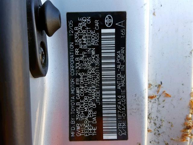 JTKDE177060113864 - 2006 TOYOTA SCION TC ვერცხლისფერი ფოტო 10