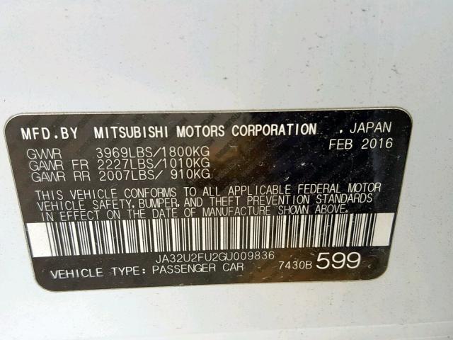 JA32U2FU2GU009836 - 2016 MITSUBISHI LANCER ES WHITE photo 10