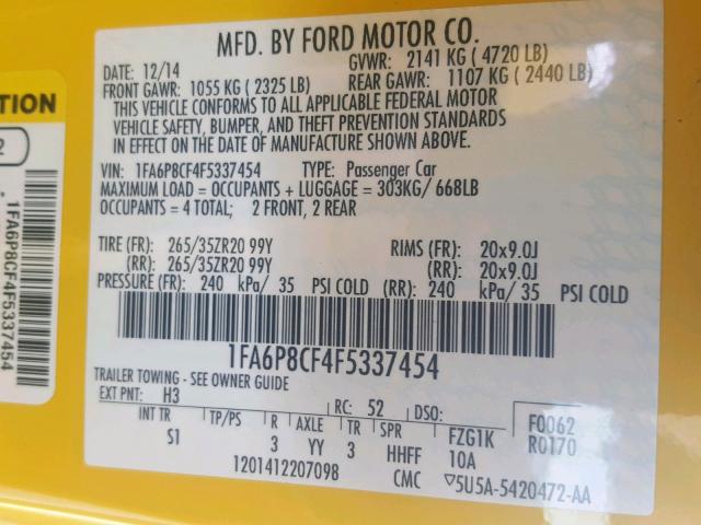 1FA6P8CF4F5337454 - 2015 FORD MUSTANG GT YELLOW photo 10