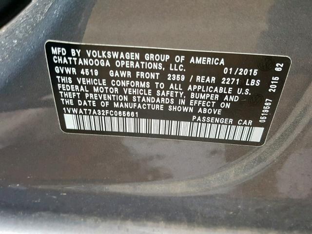 1VWAT7A32FC065661 - 2015 VOLKSWAGEN PASSAT S GRAY photo 10