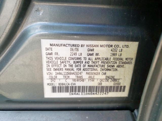 1N4AL11DX6N422247 - 2006 NISSAN ALTIMA S  photo 10