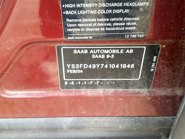 YS3FD49Y741041846 - 2004 SAAB 9-3 ARC RED photo 10