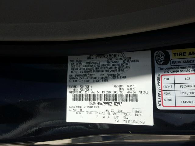 3FAHP06Z99R218297 - 2009 FORD FUSION S BLACK photo 10