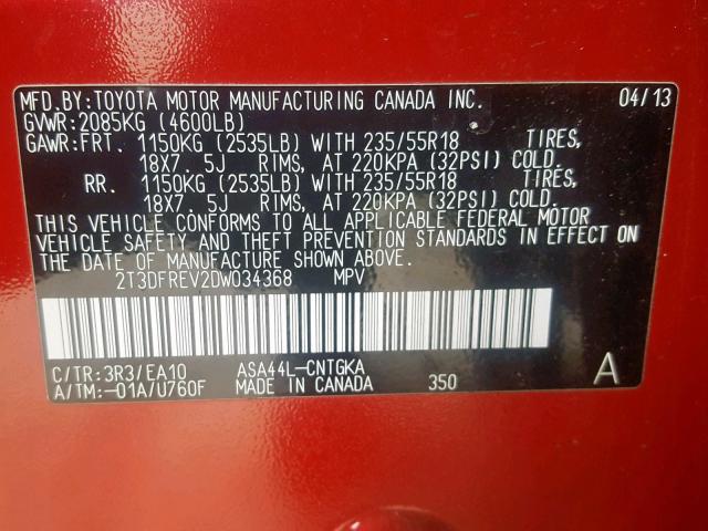 2T3DFREV2DW034368 - 2013 TOYOTA RAV4 LIMIT RED photo 10