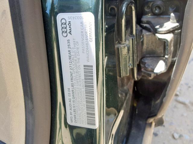 WAUCD64B24N082982 - 2004 AUDI A6 S-LINE GREEN photo 10