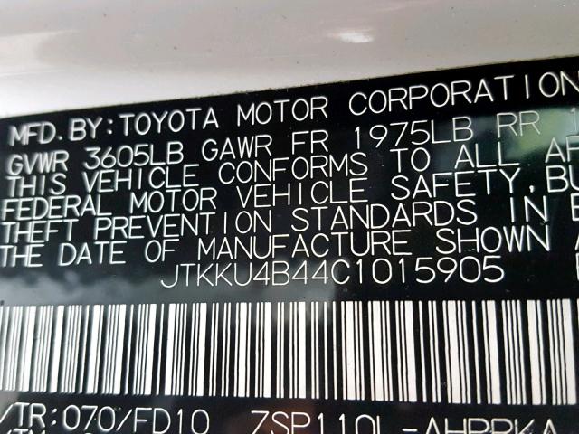 JTKKU4B44C1015905 - 2012 TOYOTA SCION XD WHITE photo 10