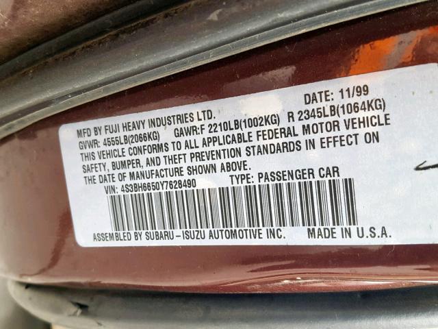 4S3BH6650Y7628490 - 2000 SUBARU LEGACY OUT MAROON photo 10