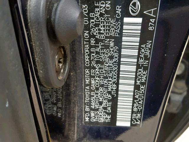 JTHBF30G530130879 - 2003 LEXUS ES 300 BLUE photo 10