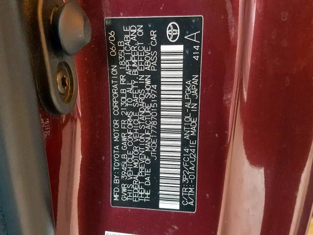 JTKDE177870151974 - 2007 TOYOTA SCION TC ბურგუნდია ფოტო 10