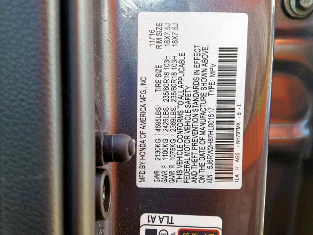 5J6RW2H87HL001517 - 2017 HONDA CR-V EXL GRAY photo 10