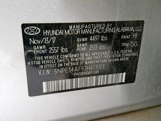 5NPE34AF9JH673123 - 2018 HYUNDAI SONATA SPO SILVER photo 10