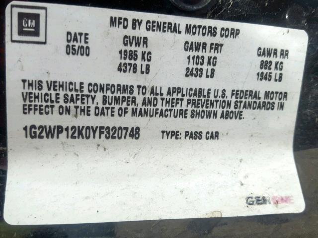 1G2WP12K0YF320748 - 2000 PONTIAC GRAND PRIX BLACK photo 10