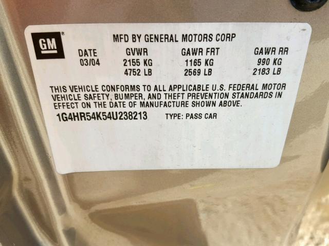 1G4HR54K54U238213 - 2004 BUICK LESABRE LI TAN photo 10