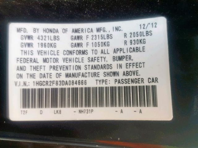 1HGCR2F83DA084666 - 2013 HONDA ACCORD EXL BLACK photo 10