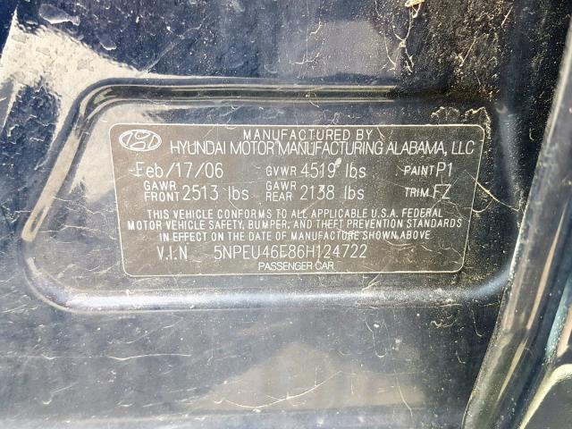 5NPEU46F86H124722 - 2006 HYUNDAI SONATA GLS BLUE photo 10