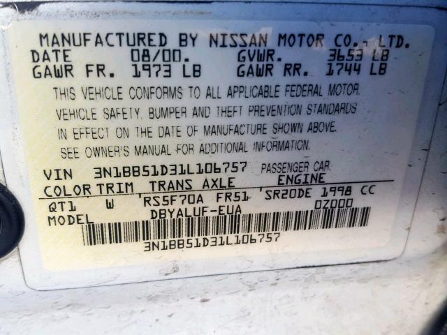 3N1BB51D31L106757 - 2001 NISSAN SENTRA SE WHITE photo 10