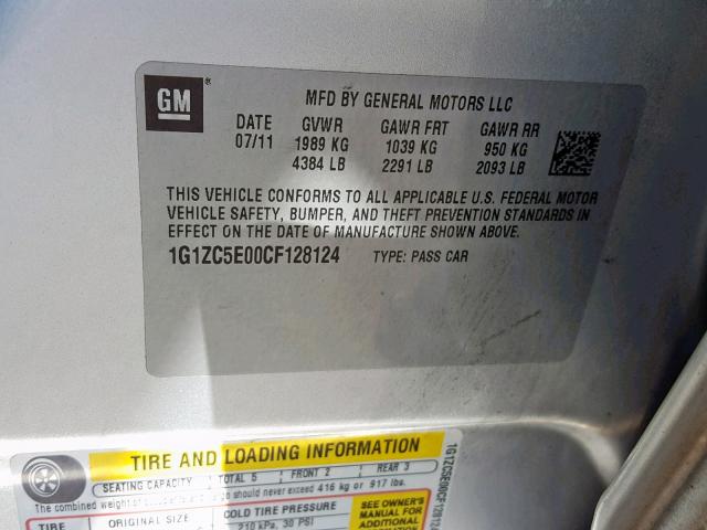 1G1ZC5E00CF128124 - 2012 CHEVROLET MALIBU 1LT 银色 照片 10