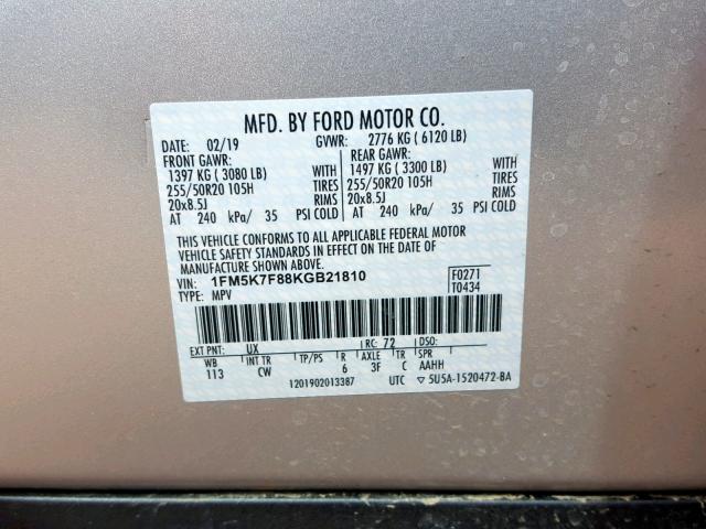 1FM5K7F88KGB21810 - 2019 FORD EXPLORER L SILVER photo 10