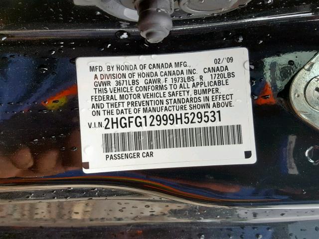 2HGFG12999H529531 - 2009 HONDA CIVIC EXL BLACK photo 10